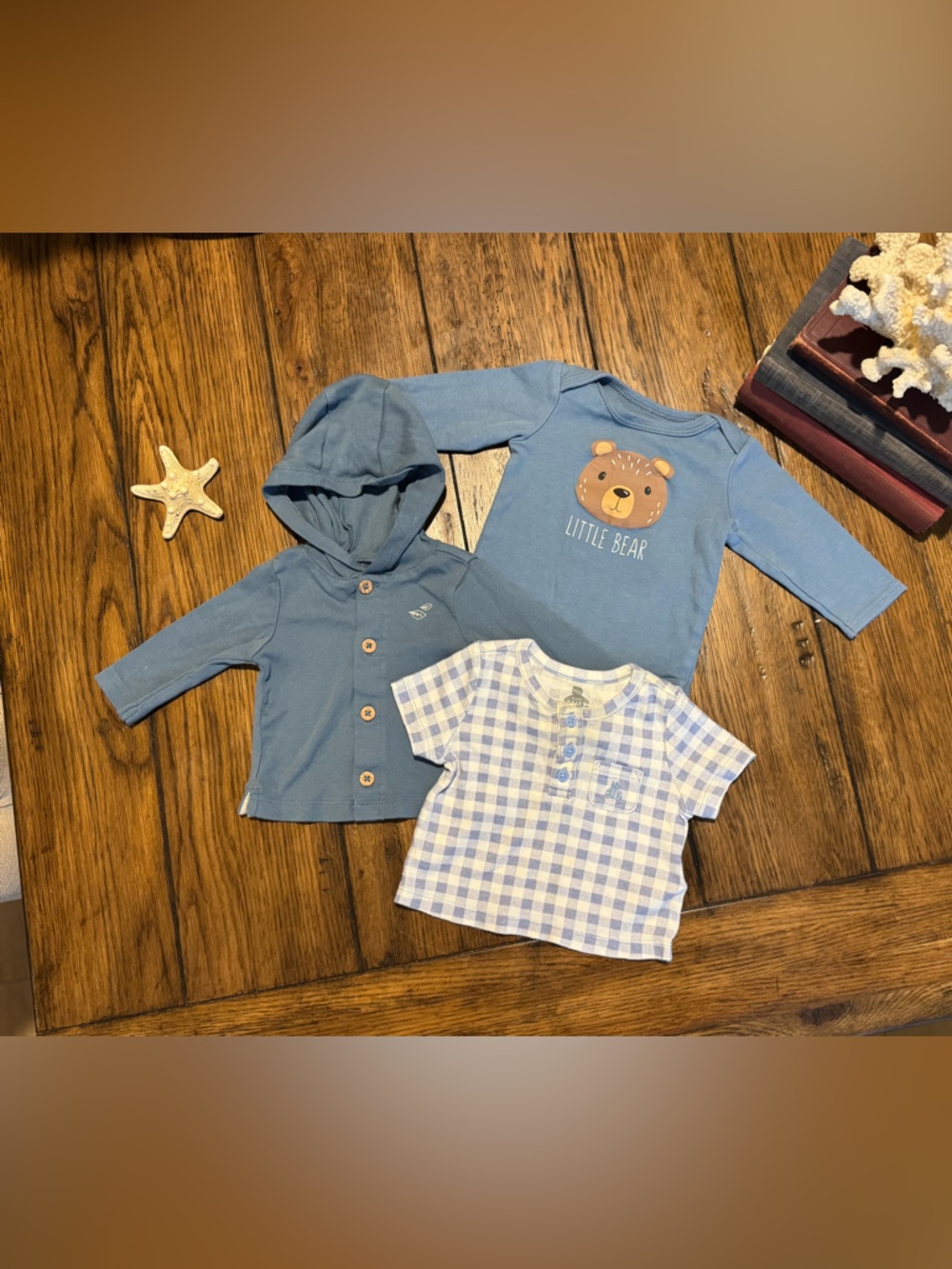 Blue Little Bear Hooded Bodysuit & Gingham Top Set